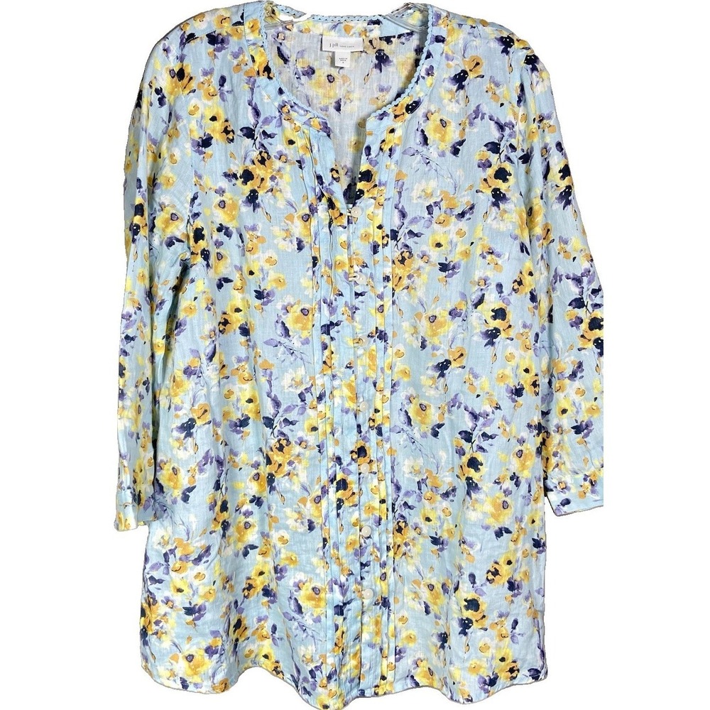 J Jill Love Linen Blouse Womens S Blue Floral 100% Linen‎ 3/4 Sleeve Pintuck Top